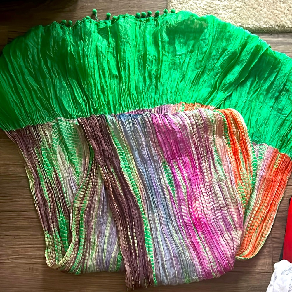 VISMEYER 100% SILK long 108”x23” thin  VIBRANT w/ pompoms  Scarf